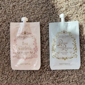 Santa Maria Novella bath oil samples in Rosa Gardenia and Acqua Della Regina
